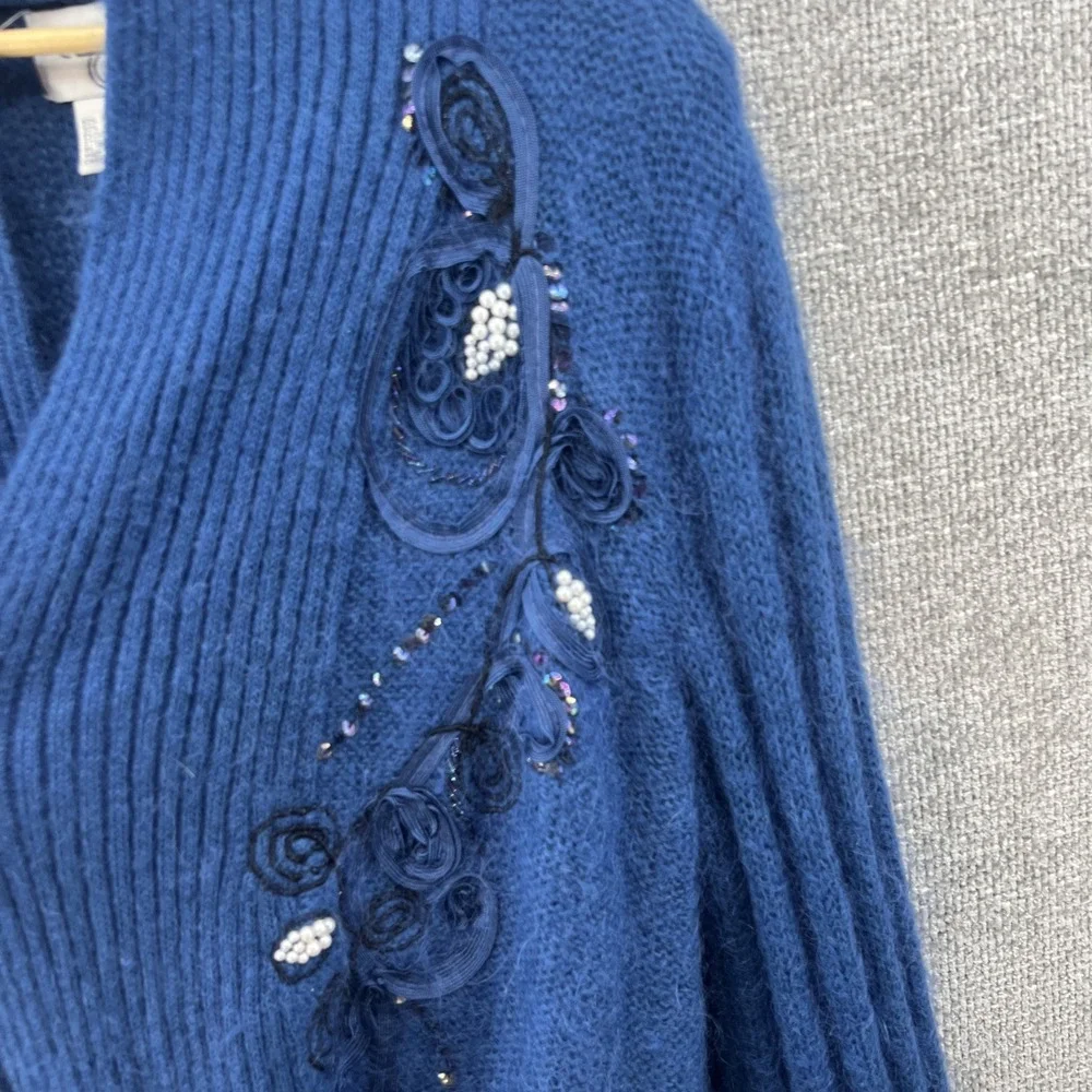 Cervelle Women's Med Blue Mohair‎ Wool Blend Beaded Floral Embroidery Cardigan